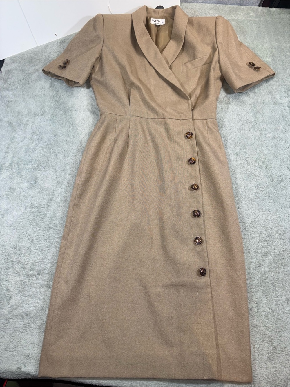 Vintage Kasper for ASL Tan Short Sleeve Collared Midi Coat Dress Size 6